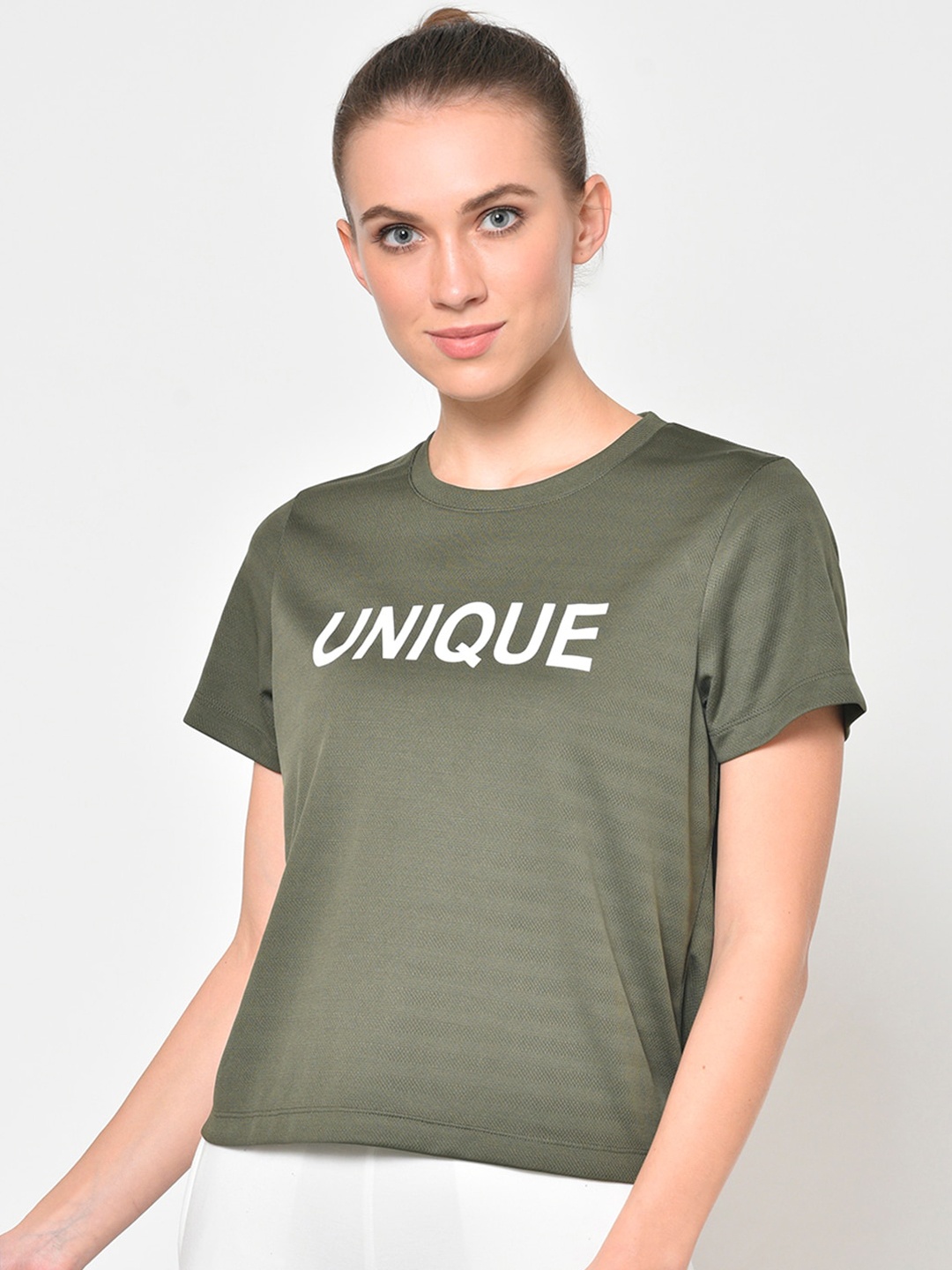 

PERFKT-U Women Olive Green Printed Round Neck T-shirt