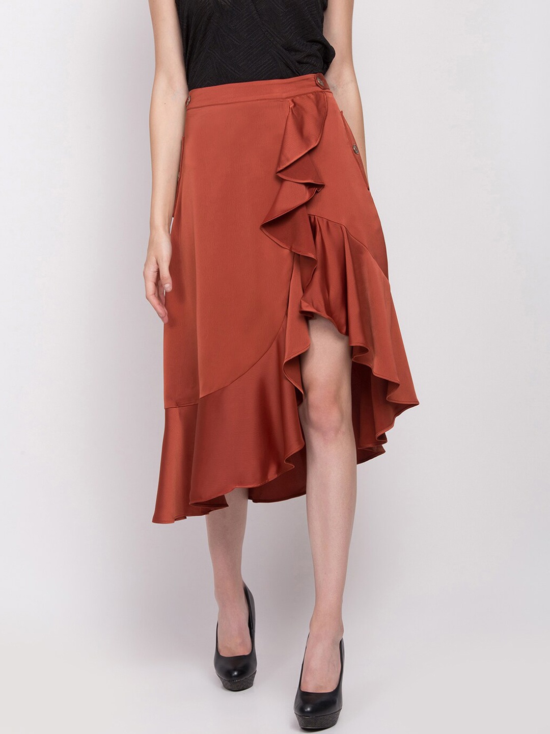 

ZOELLA Women Rust-Brown Solid Tulip Skirt