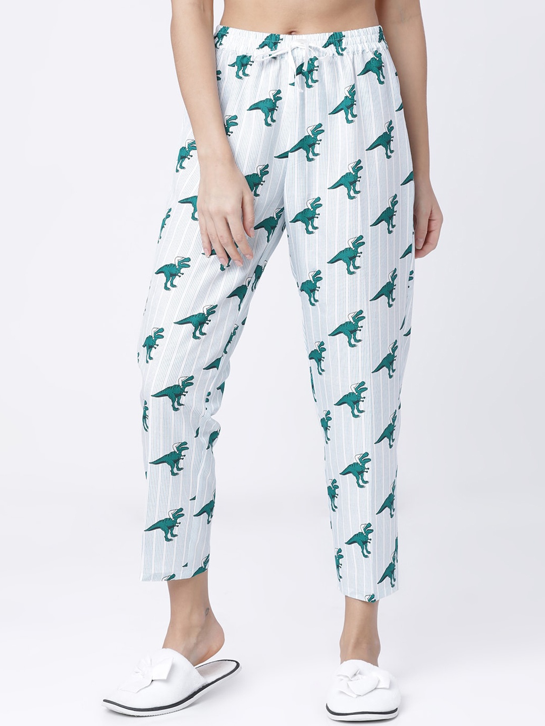 

Tokyo Talkies Women White & Green Printed Lounge Pants