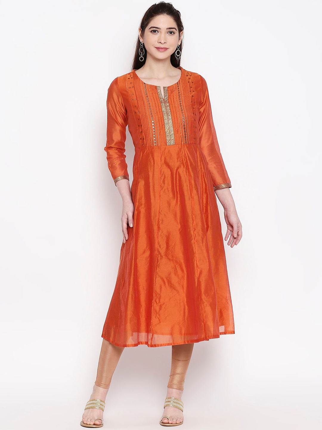 

RANGMANCH BY PANTALOONS Orange Yoke Design Sequins Kurta