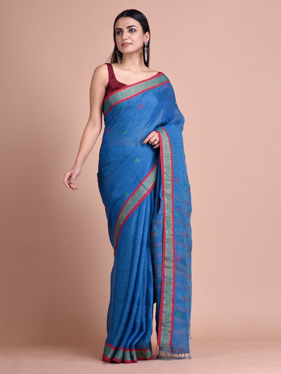 

Mitera Blue Solid Pure Linen Designer Saree