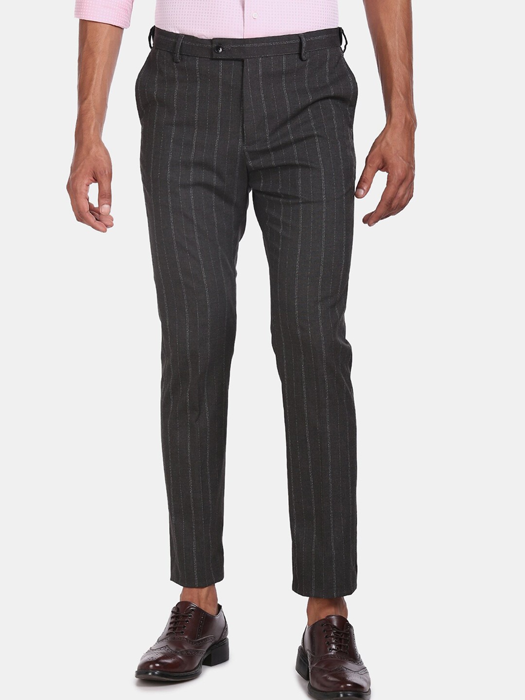 

Arrow Men Charcoal Grey Slim Fit Striped Regular Trousers