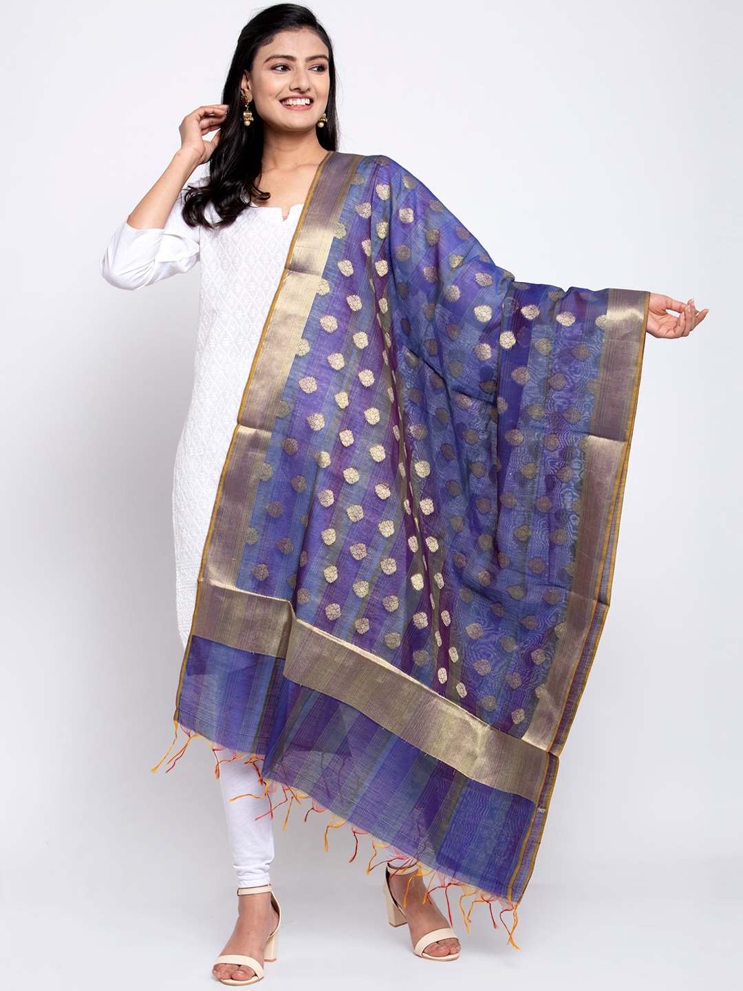 

LOOM LEGACY Blue & Gold-Toned Banarsi Cotton Silk Jacquard Dupatta