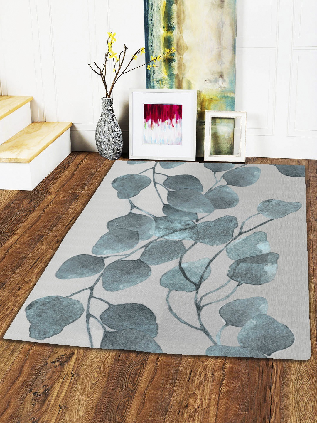 

Status Grey & Teal Floral Printed Anti- Skid Carpet