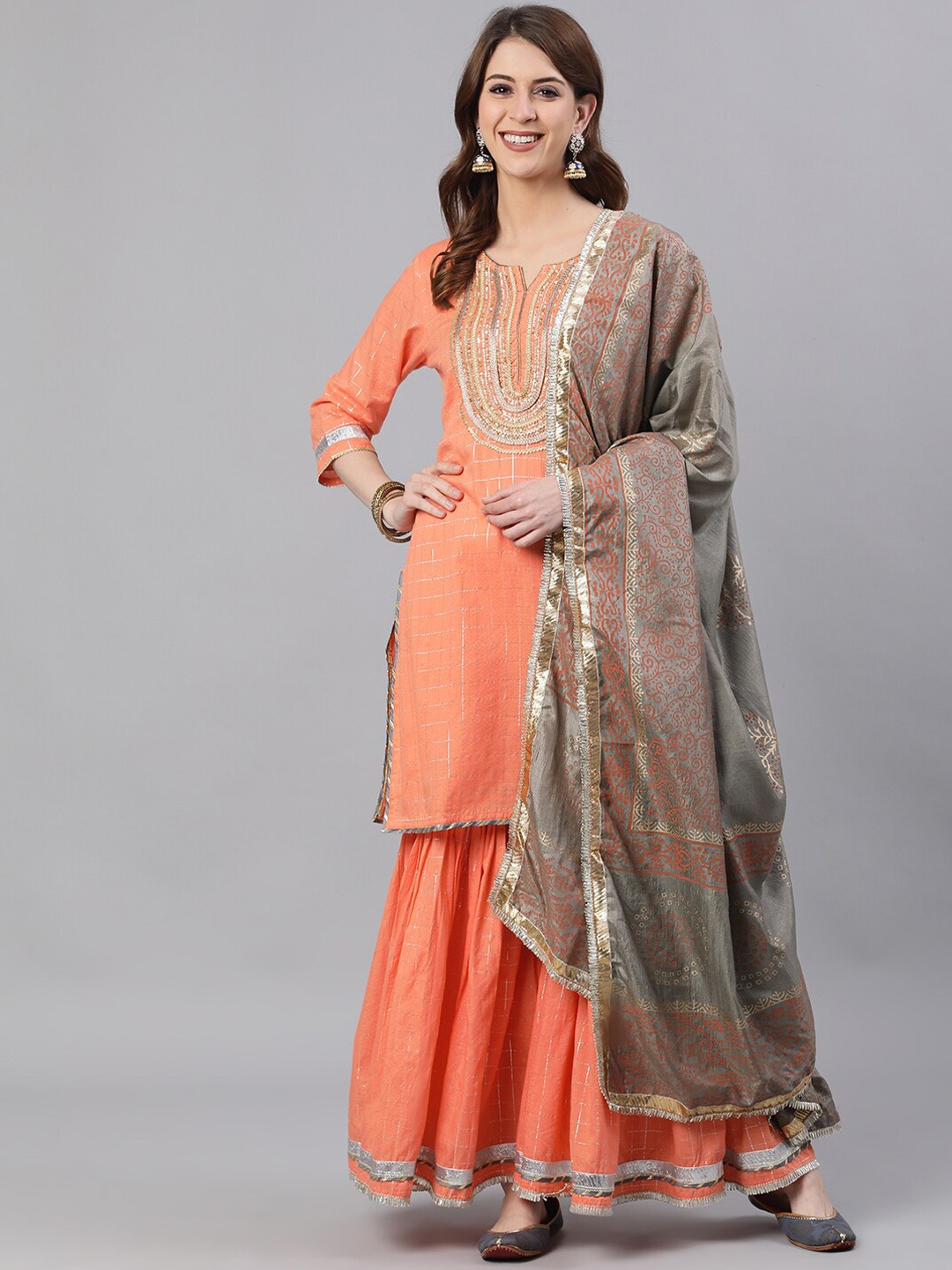 

Ishin Women Peach-Coloured & Grey Embroidered Kurta with Sharara & Dupatta