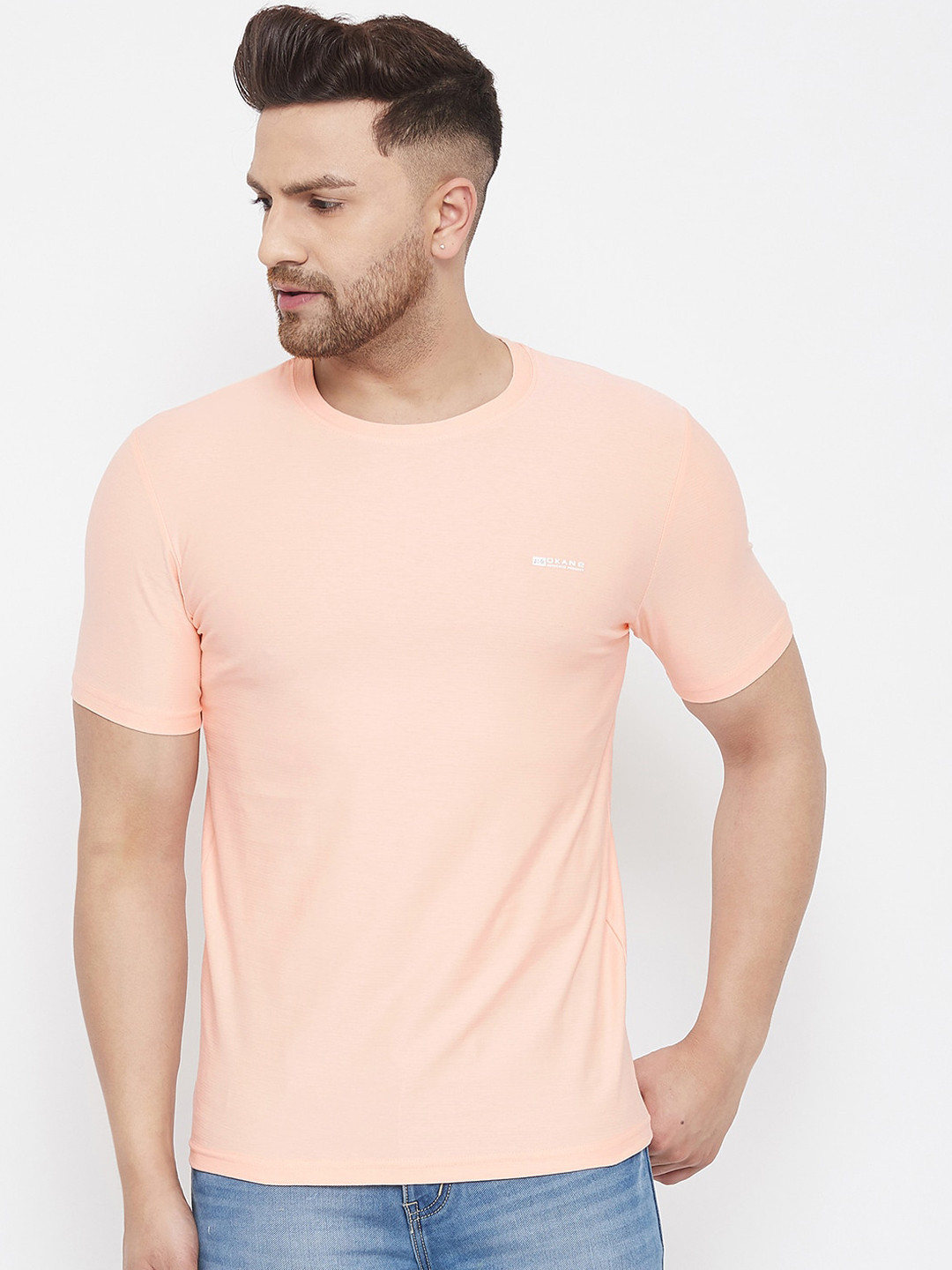 

Okane Men Peach-Coloured Solid Round Neck T-shirt