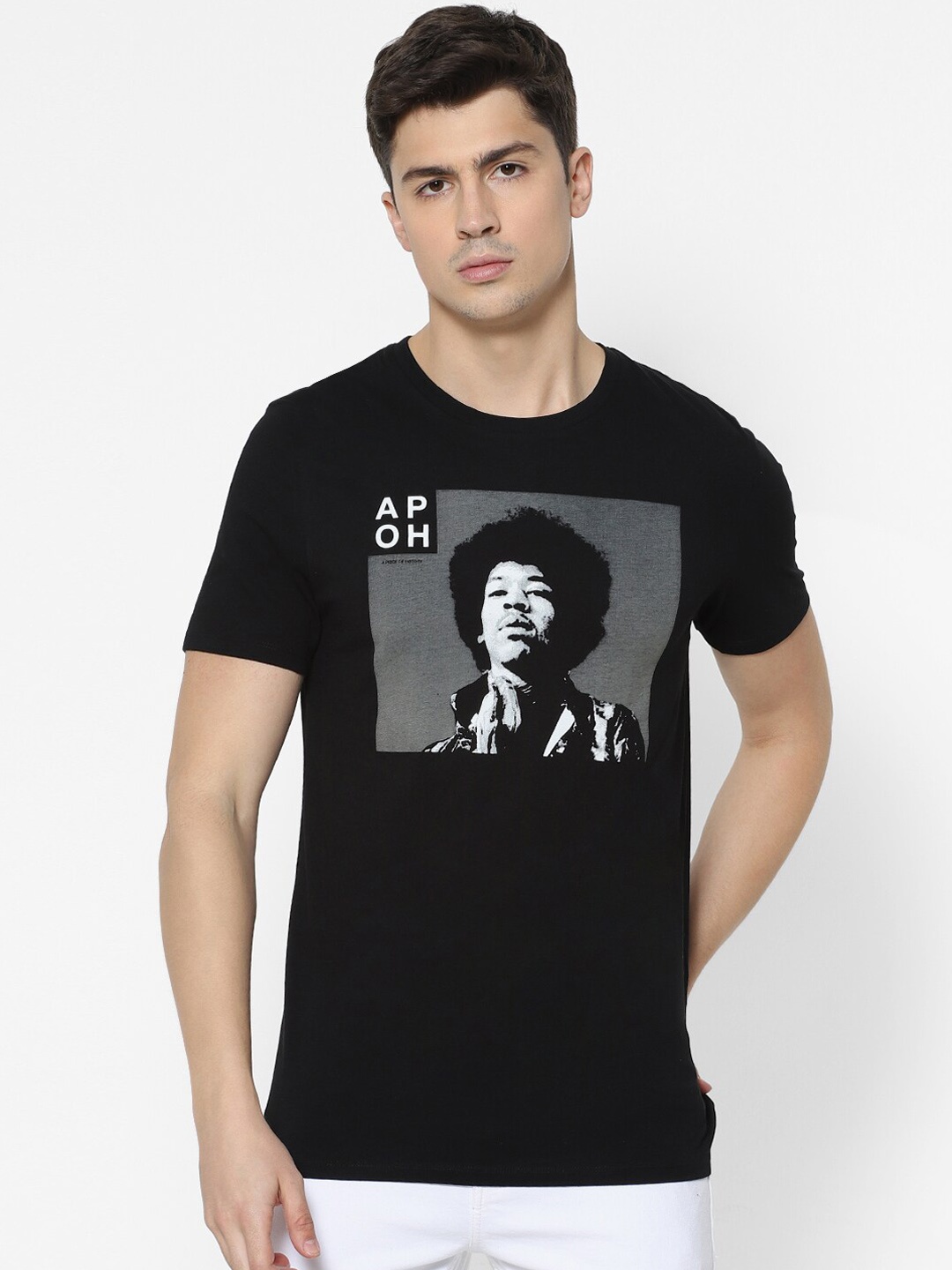 

Celio Men Black Printed Round Neck Pure Cotton T-shirt