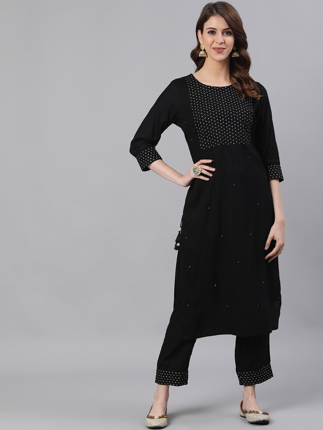 

Ishin Women Black & White Embroidered Kurta with Trousers