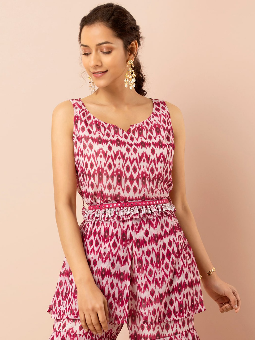 

INDYA Pink Ikat Front Slit Short Tunic with Attached Fringe Belt