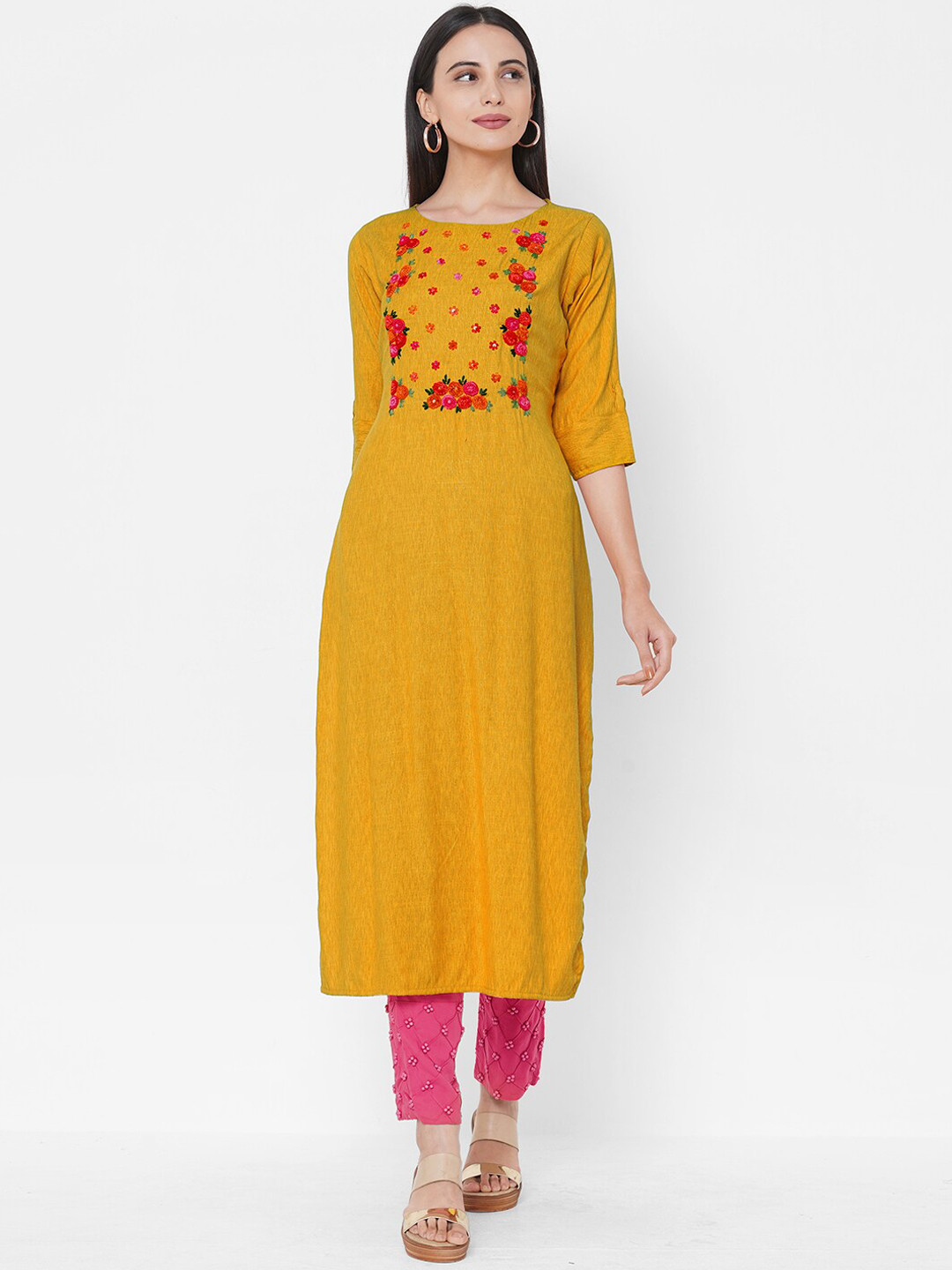 

FASHOR Mustard Yellow Floral Embroidered Thread Work Kurta