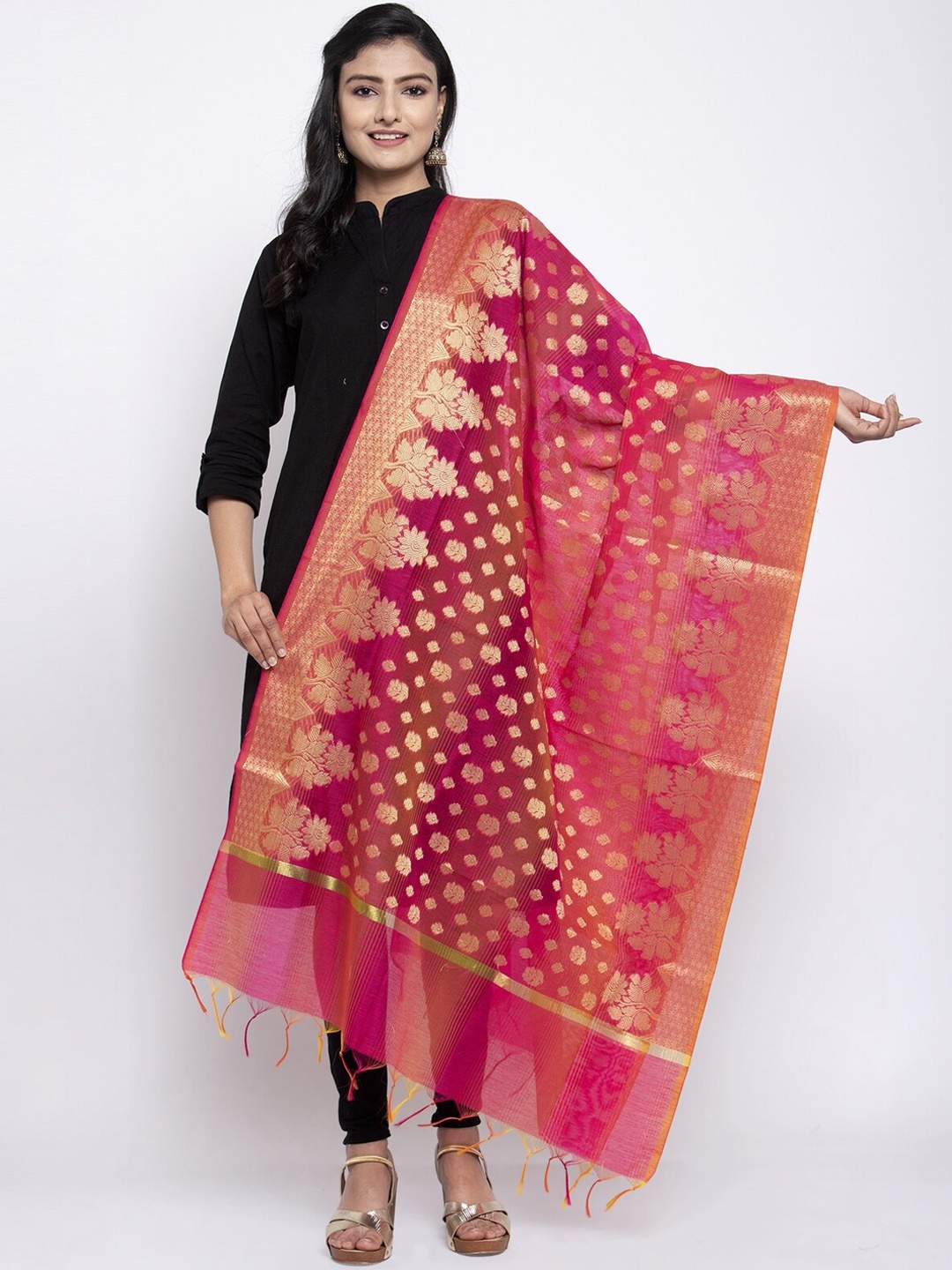 

LOOM LEGACY Magenta & Gold-Toned Banarsi Cotton Silk Jacquard Dupatta