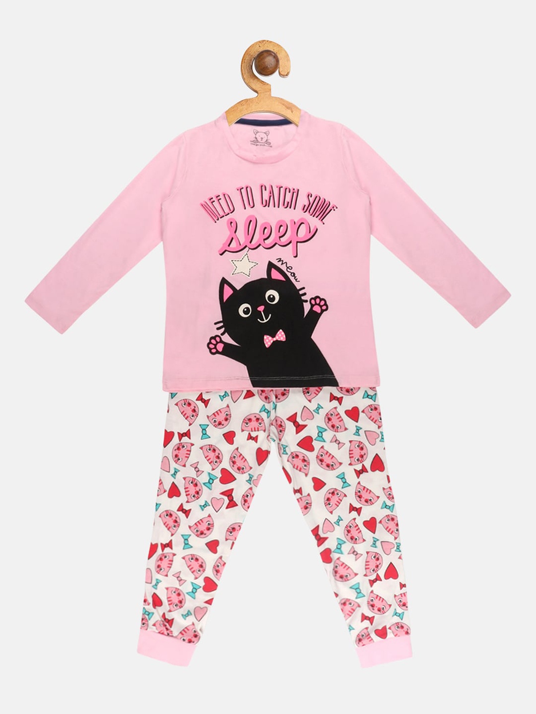 

Lazy Shark Girls Pink & White Printed Night suit