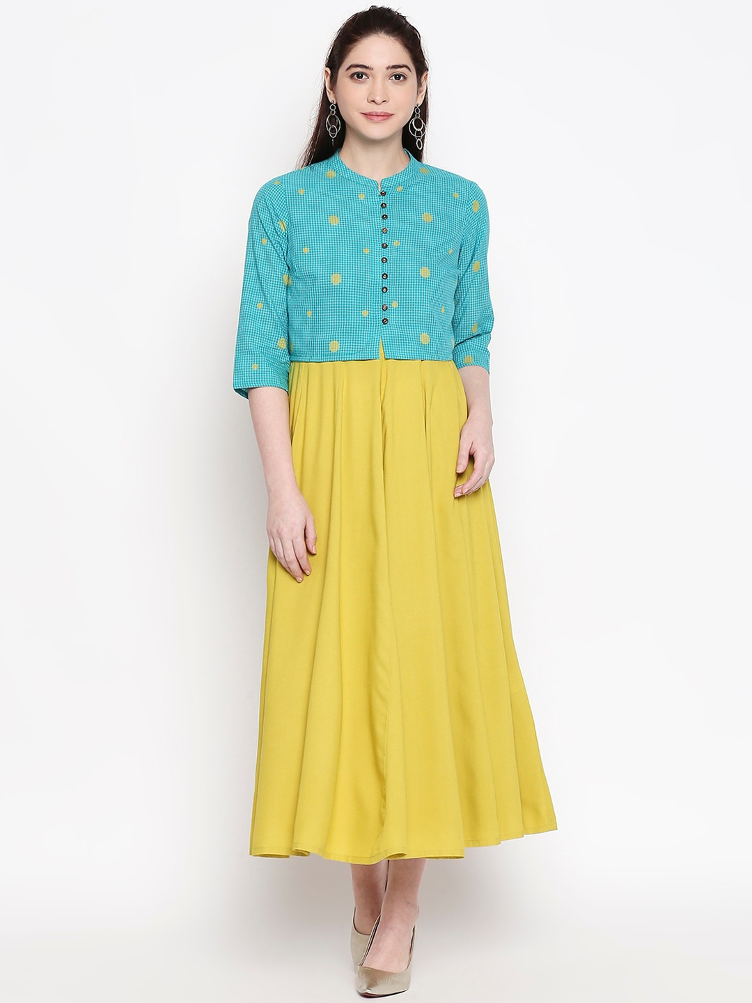 

RANGMANCH BY PANTALOONS Lime Green & Turquoise Blue Solid Ethnic A-Line Dress With Shrug