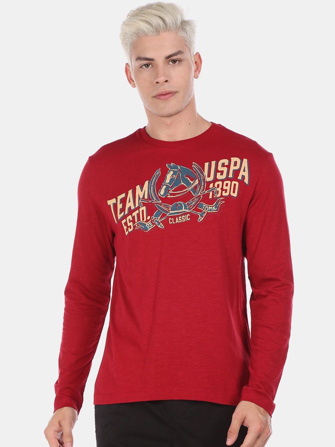 

U.S. Polo Assn. Denim Co. Men Red Printed Round Neck Cotton Pure Cotton T-shirt
