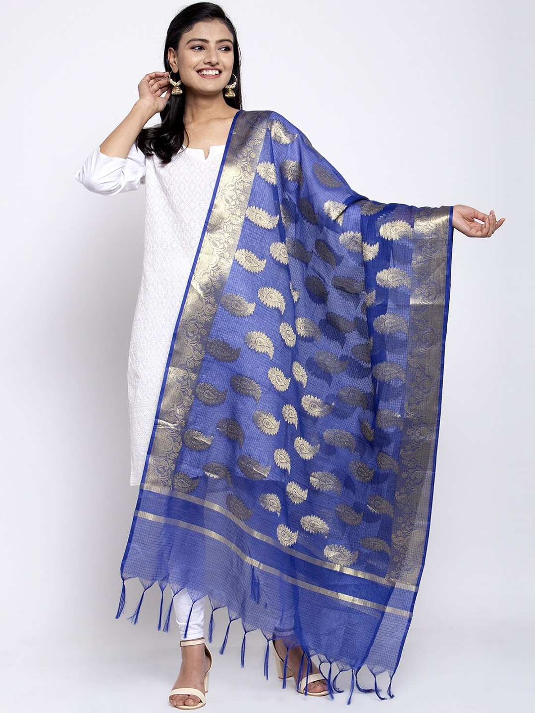

LOOM LEGACY Blue & Gold-Toned Banarsi Cotton Silk Jacquard Dupatta