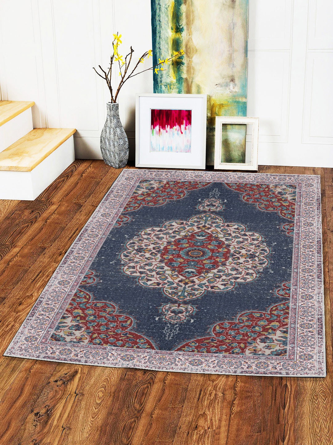 

Status Navy Blue & Maroon Printed Anti-Skid Carpet