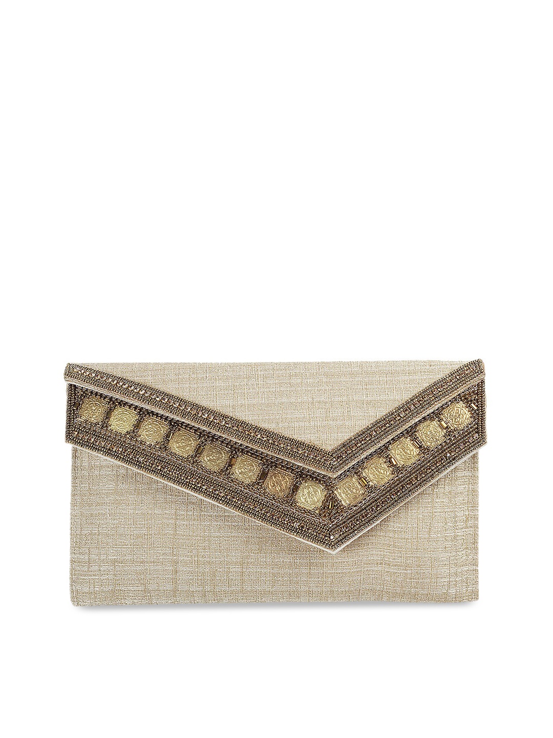 

Metro Beige & Gold-Toned Embellished Envelope Clutch