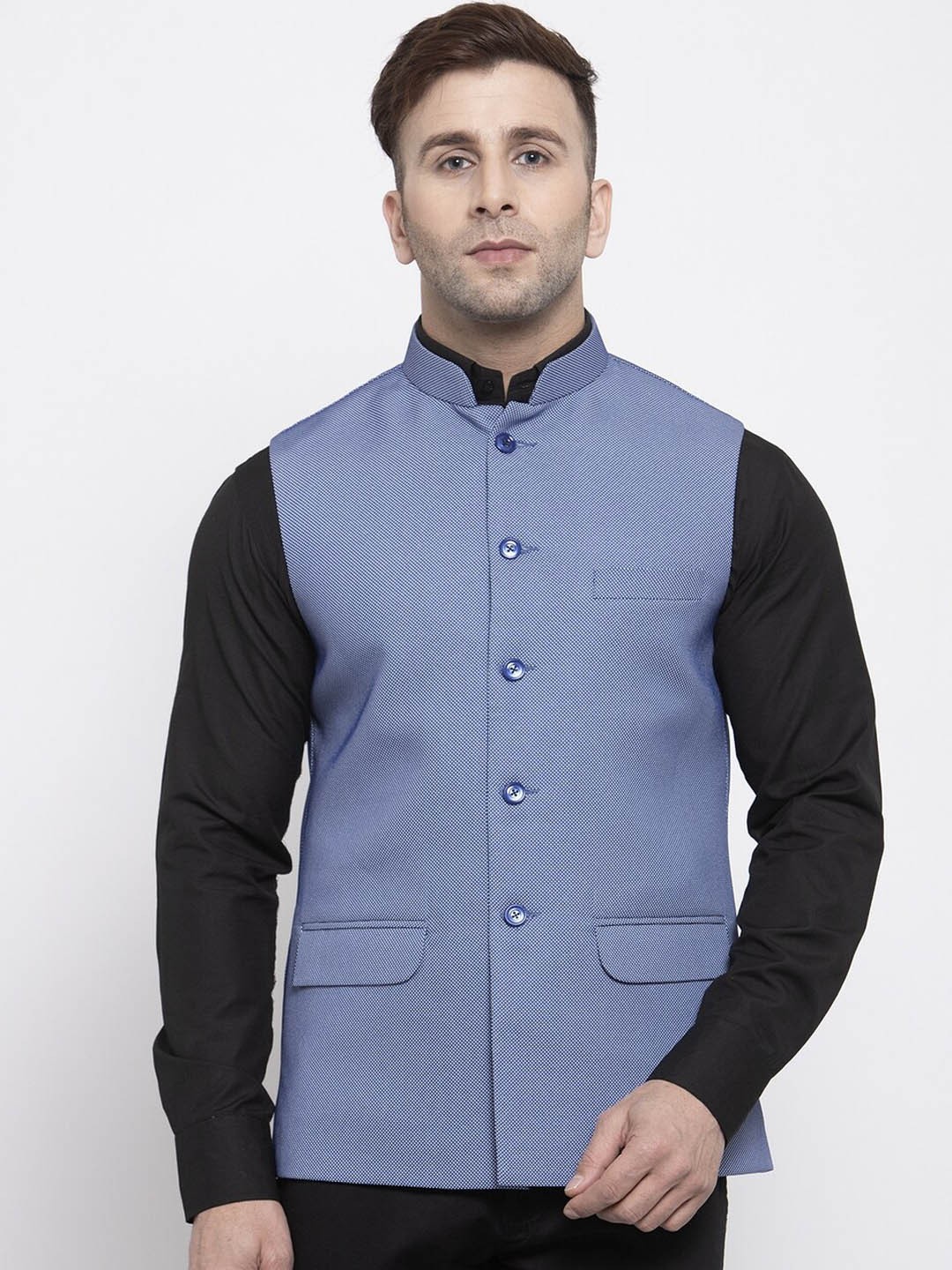 

Wintage Men Blue Self Design Satin Nehru Jacket