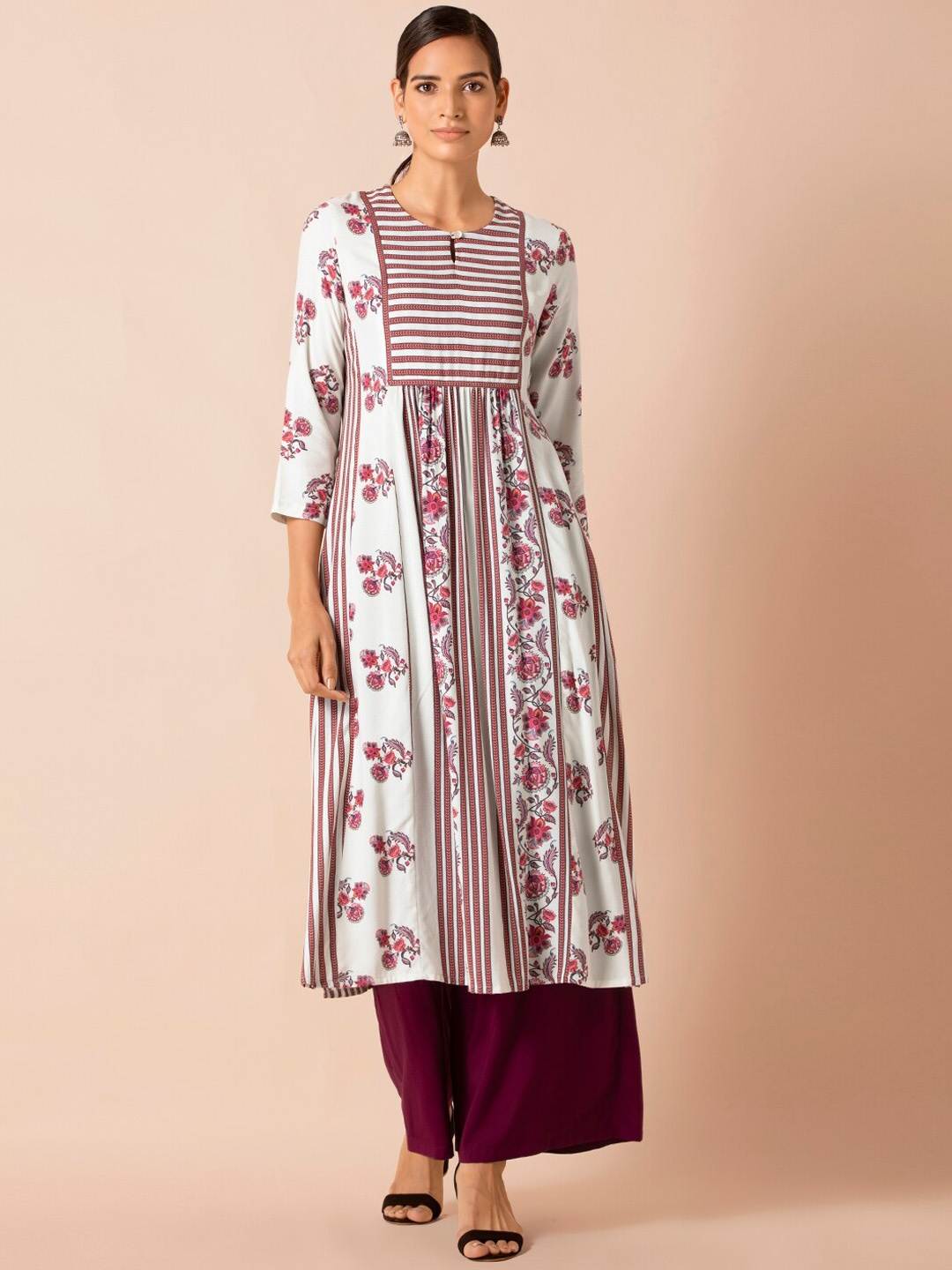 

Rang by Indya Ivory Maroon Floral Striped Yoke Straight Kurta, White
