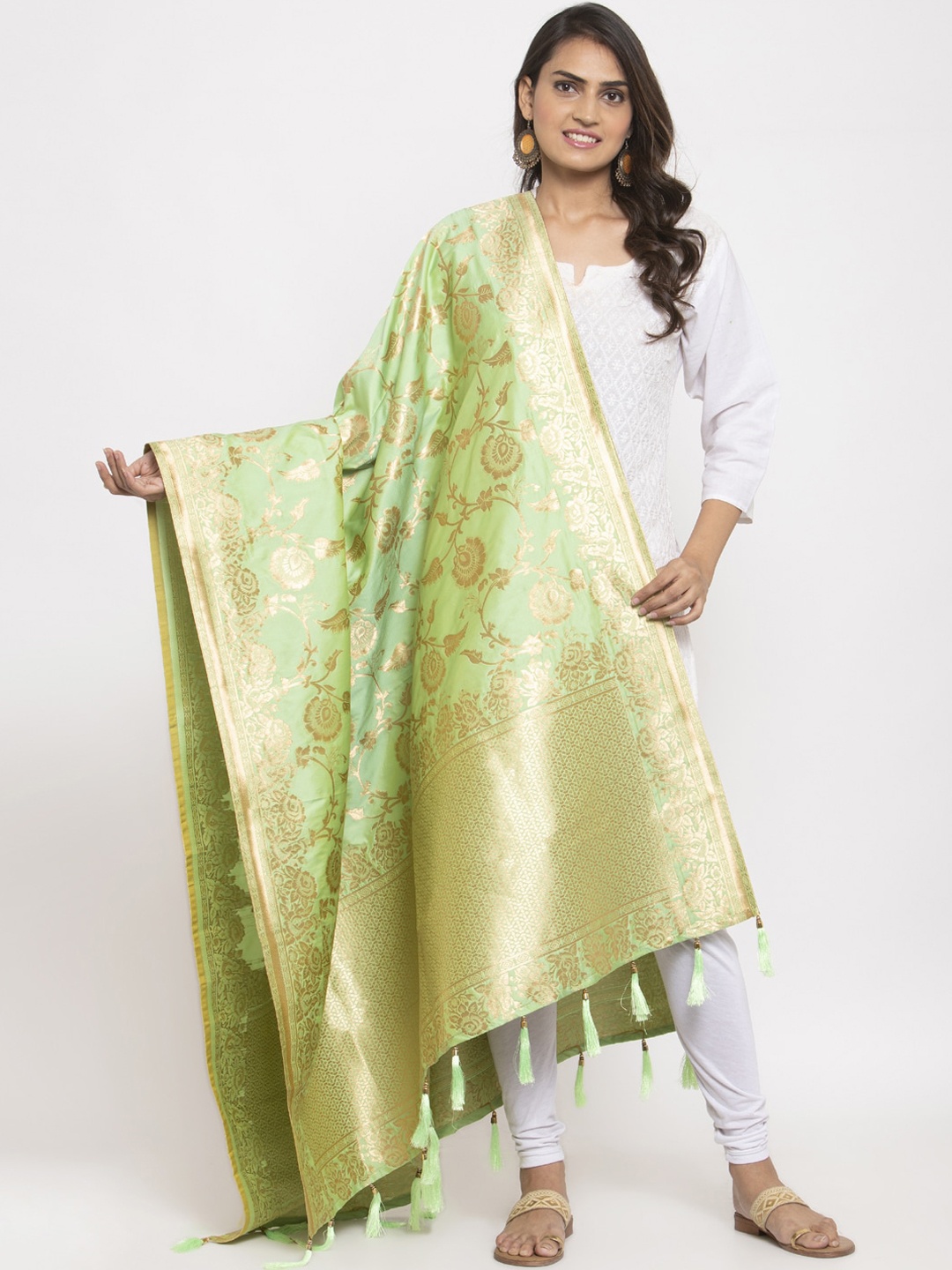 

panchhi Green & Gold-Toned Jacquard Woven Banarasi Dupatta