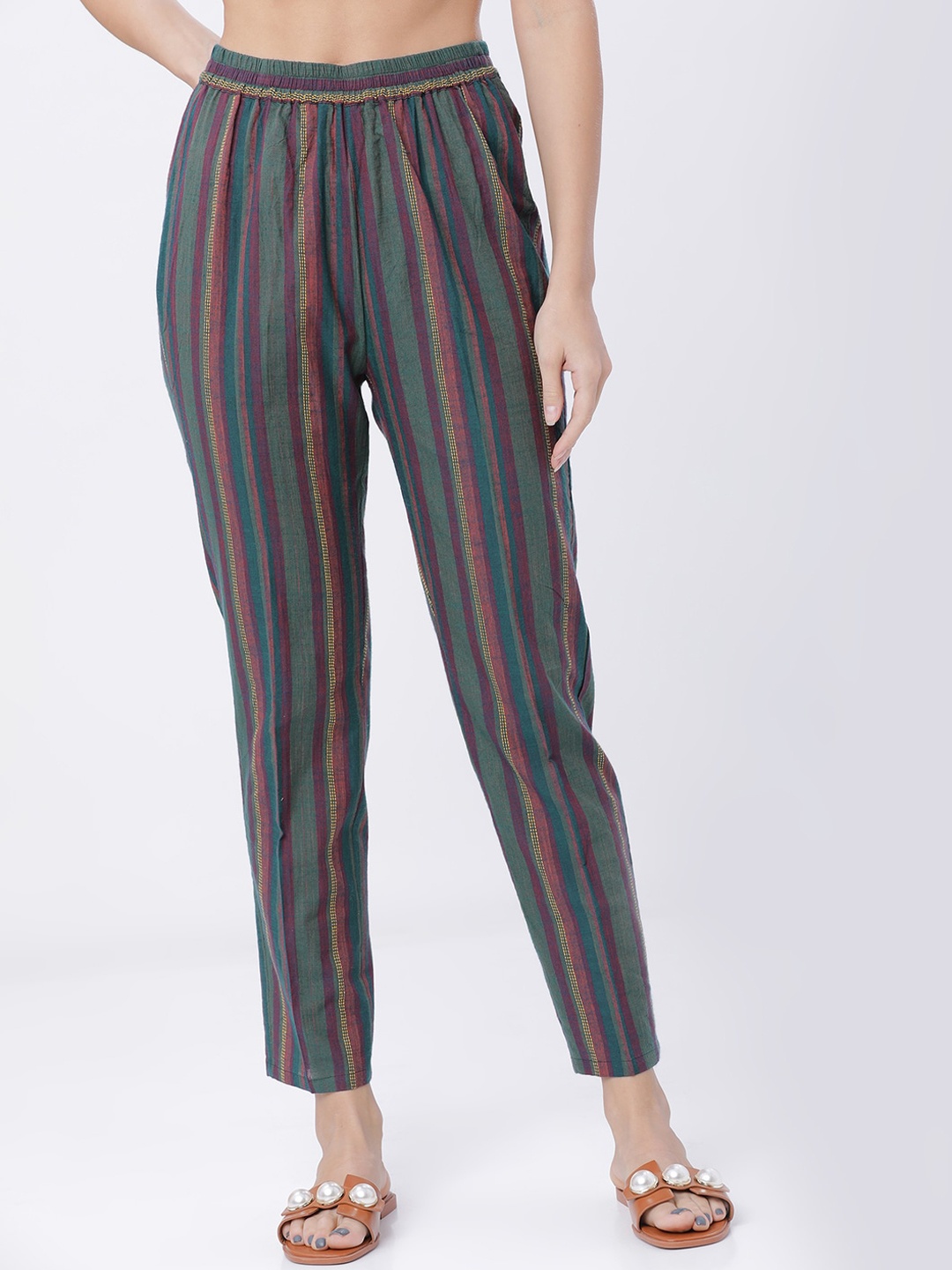 

Vishudh Women Green & Pink Striped Peg Trousers