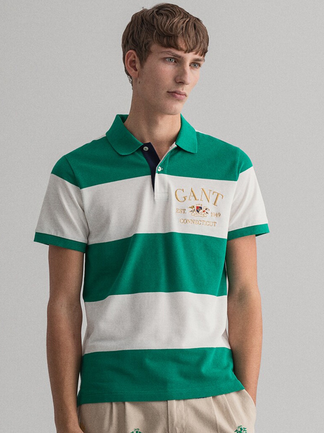 

GANT Men Green & Off White Striped Polo Collar T-shirt
