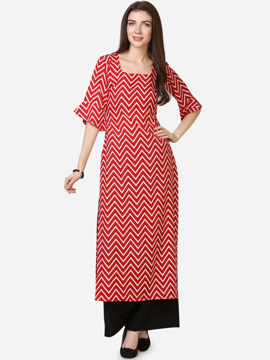

Silk Bazar Red Chevron Printed Bell Sleeves Crepe Kurta