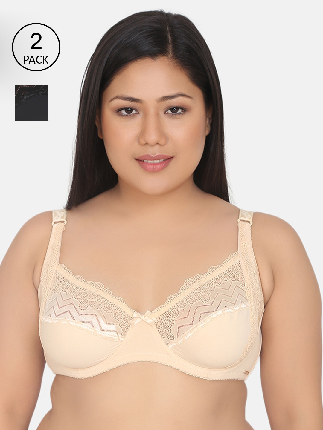

Curvy Love Plus Size Beige Black Lace Underwired Non Padded Plunge Bra Pack of 2