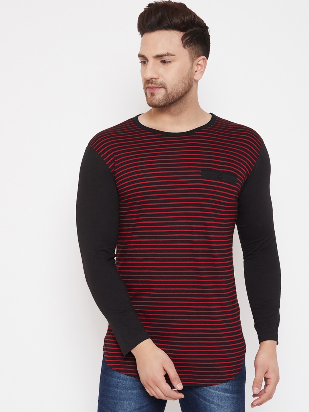 

Hypernation Men Red & Black Striped Round Neck T-shirt