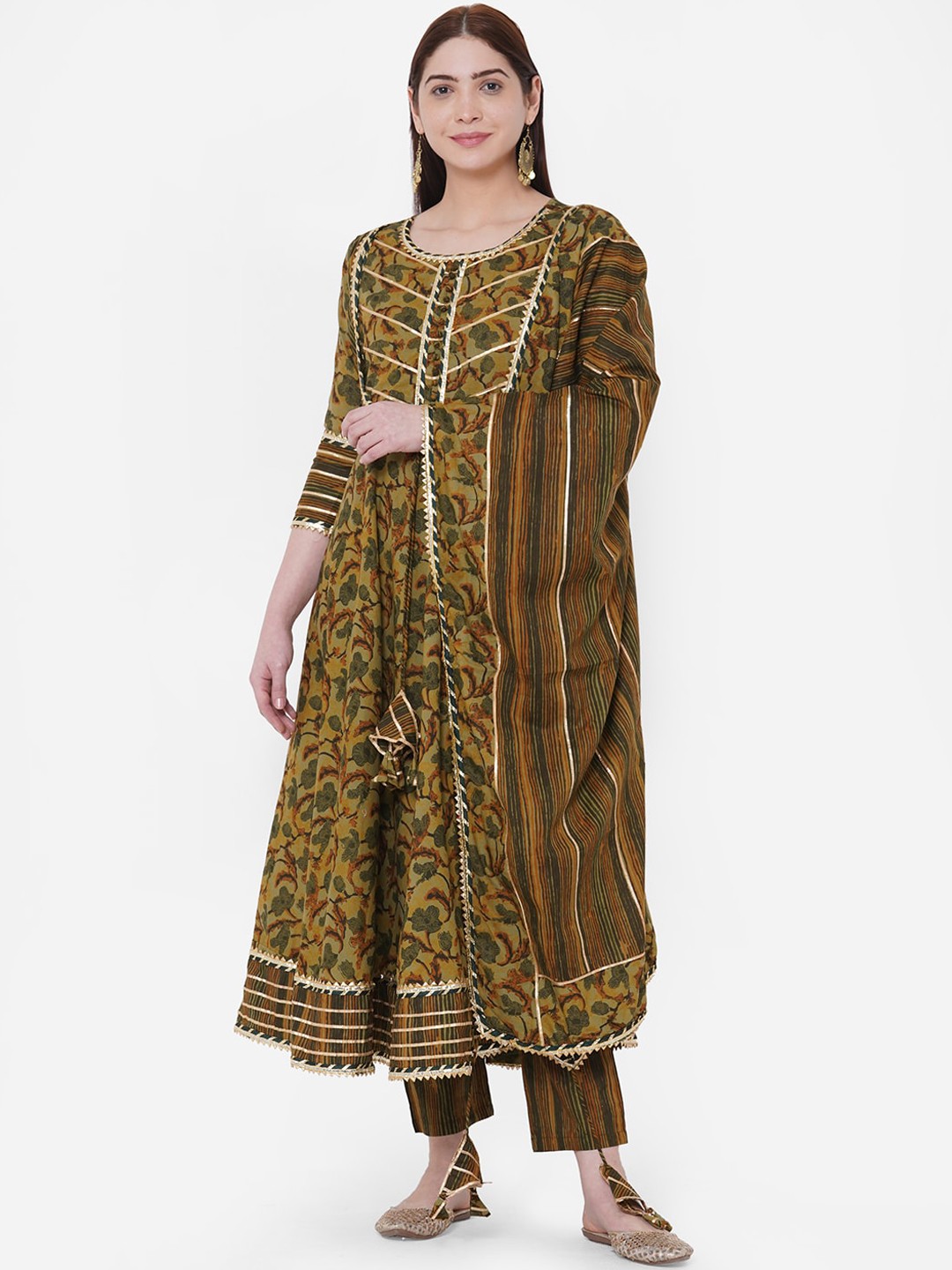 

FASHOR Women Olive Green & Brown Printed Kurta with Trousers & Dupatta