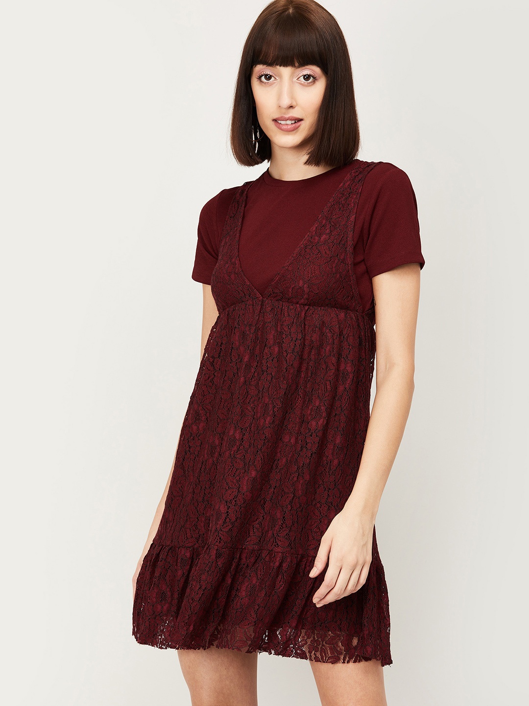 

Ginger by Lifestyle Women Burgundy Self Design Empire Dress