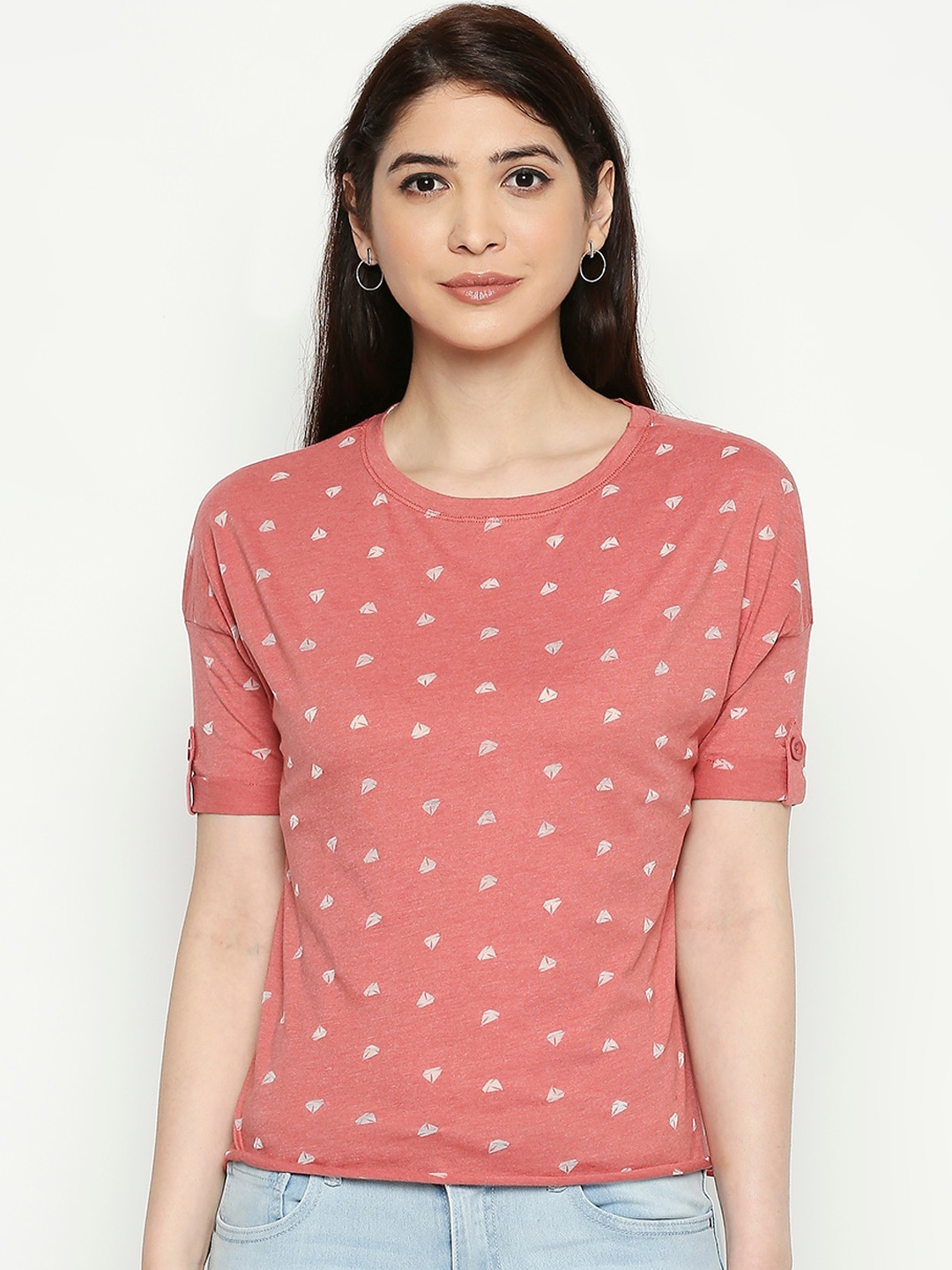 

People Women Coral Pink Printed Top