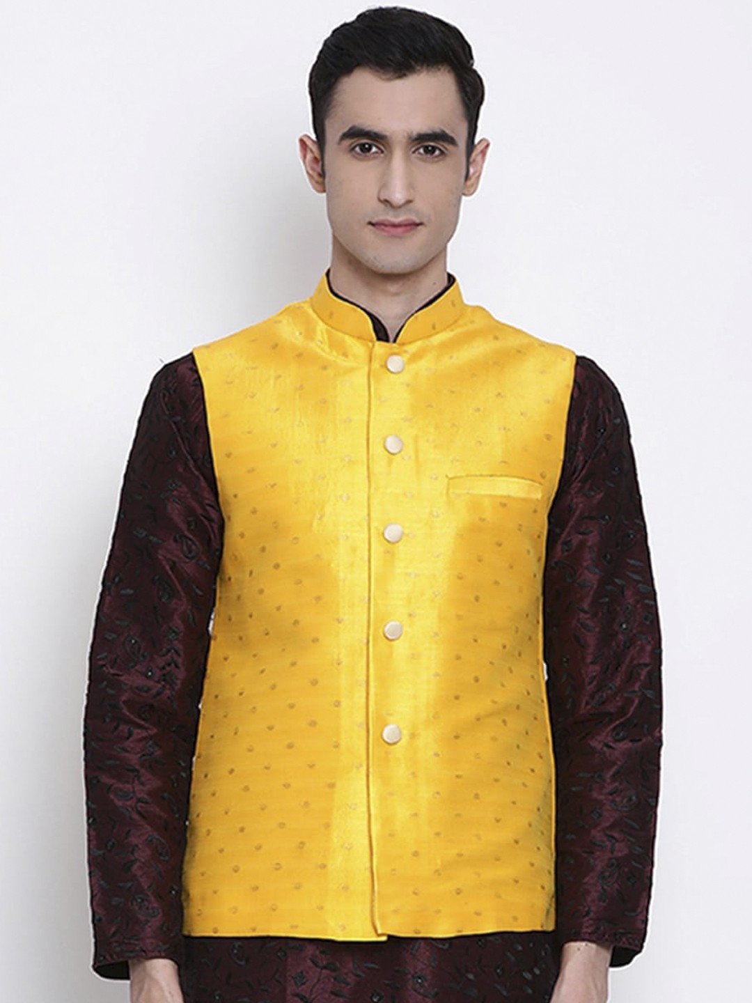 

Sanwara Men Yellow & Gold-Coloured Woven Design Nehru Jacket