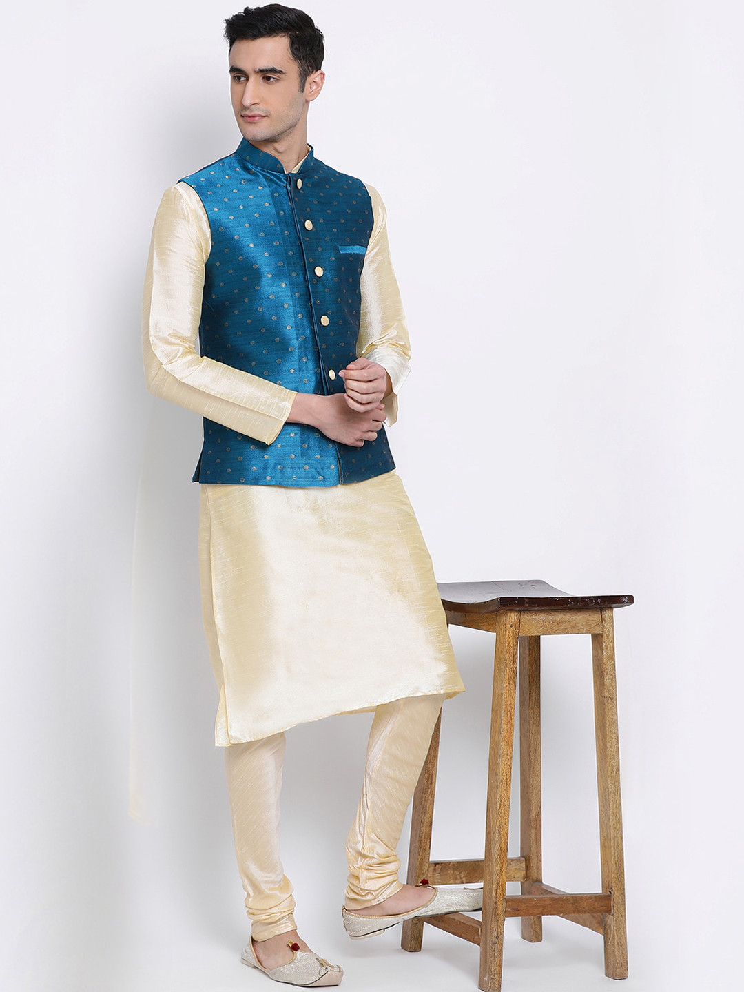 

Sanwara Men Blue & Gold Coloured Woven Design Nehru Jacket