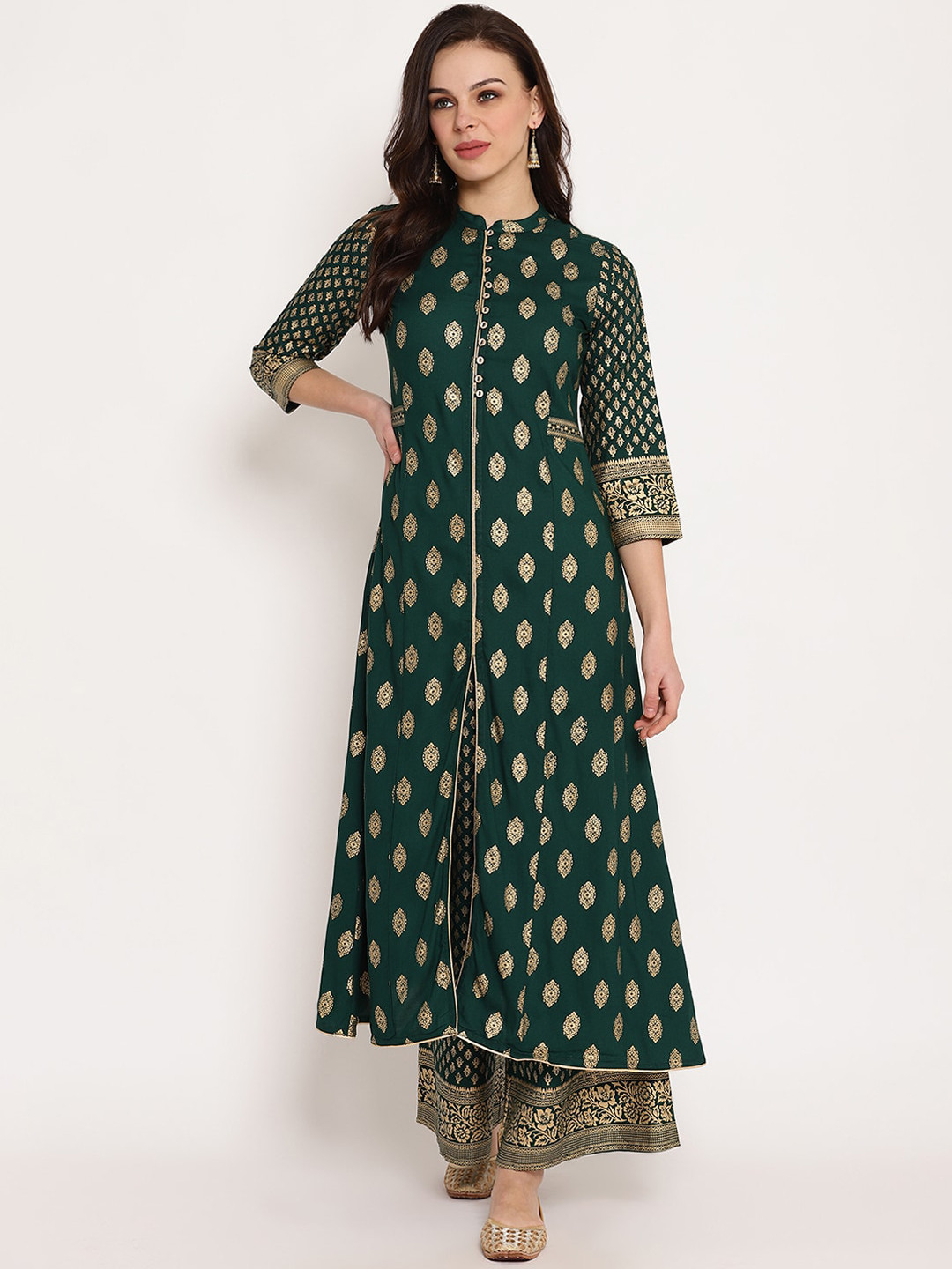 

Ramas Women Green & Gold-Toned Printed A Line Kurta with Palazzos