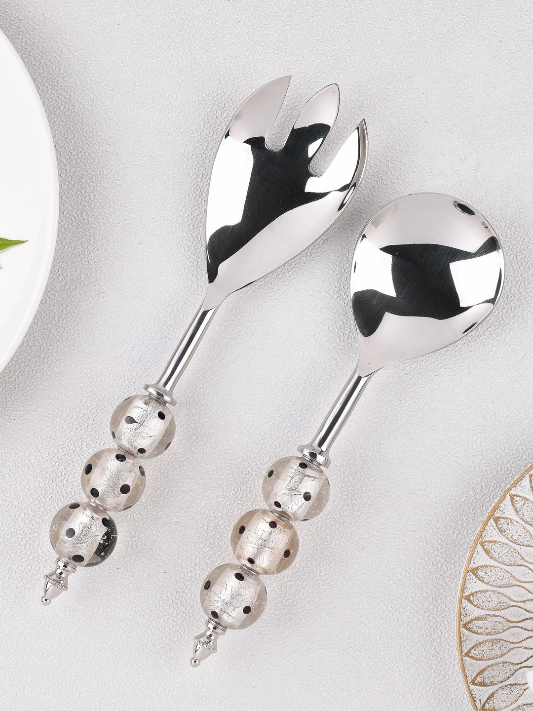 

Homesake Stainless Steel Salad Server Set with Bead Handle, Silver