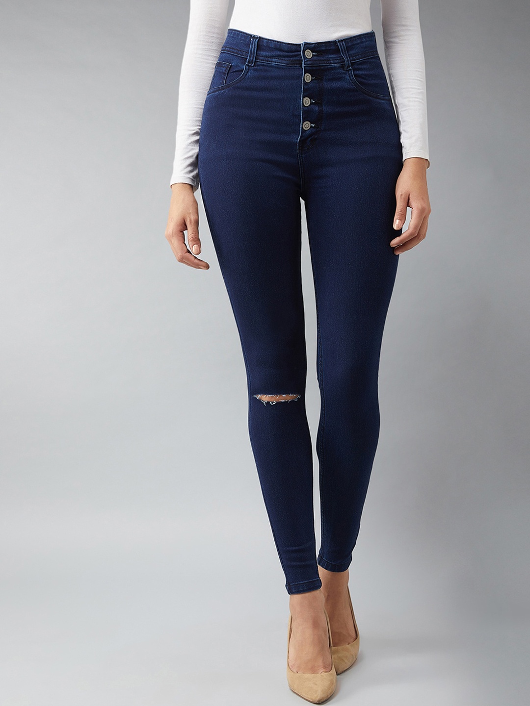 

DOLCE CRUDO Women Navy Blue Skinny Fit High-Rise Stretchable Slash Knee Jeans