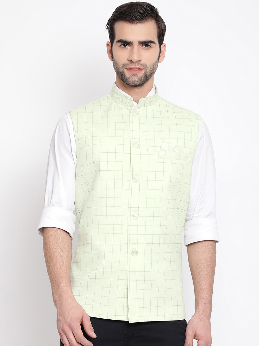 

VASTRAMAY Men Green & Grey Checked Woven Slim-Fit Nehru Jacket