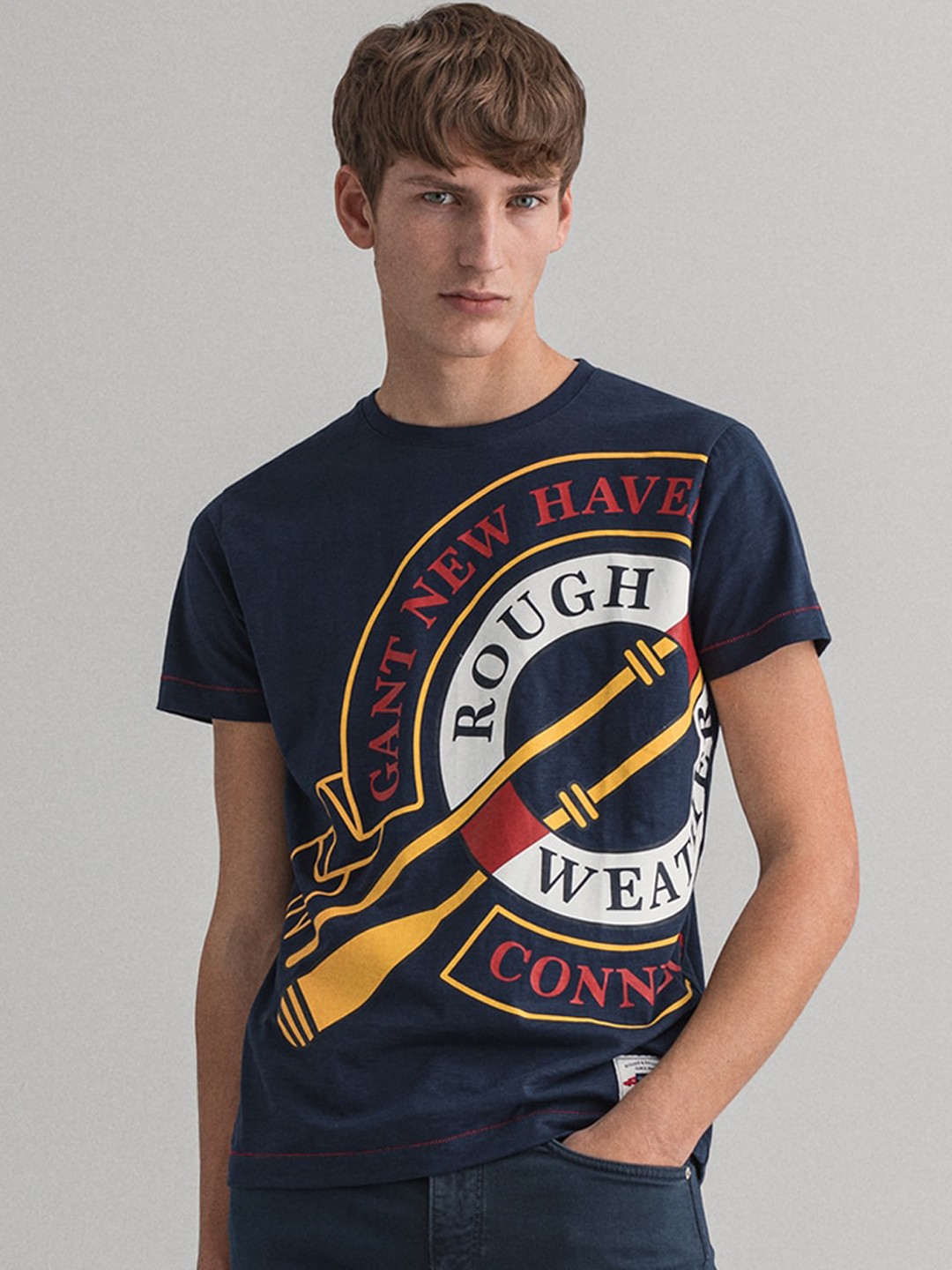 

GANT Men Navy Blue & White Printed Round Neck T-shirt