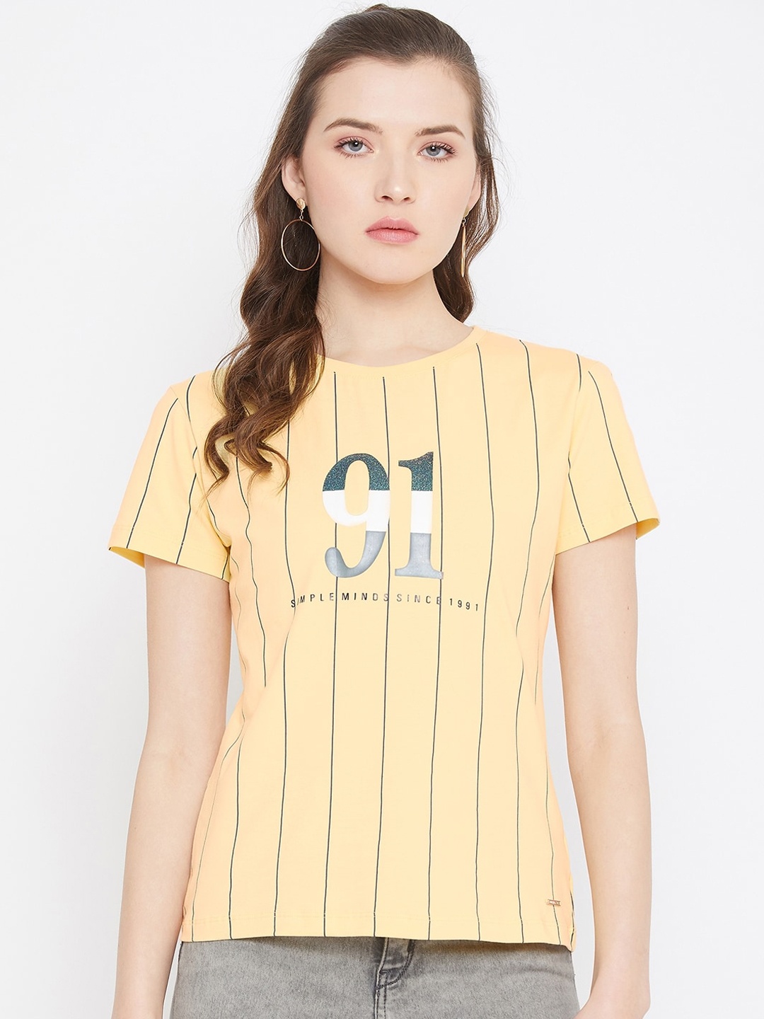 

Octave Women Yellow Striped Round Neck T-shirt