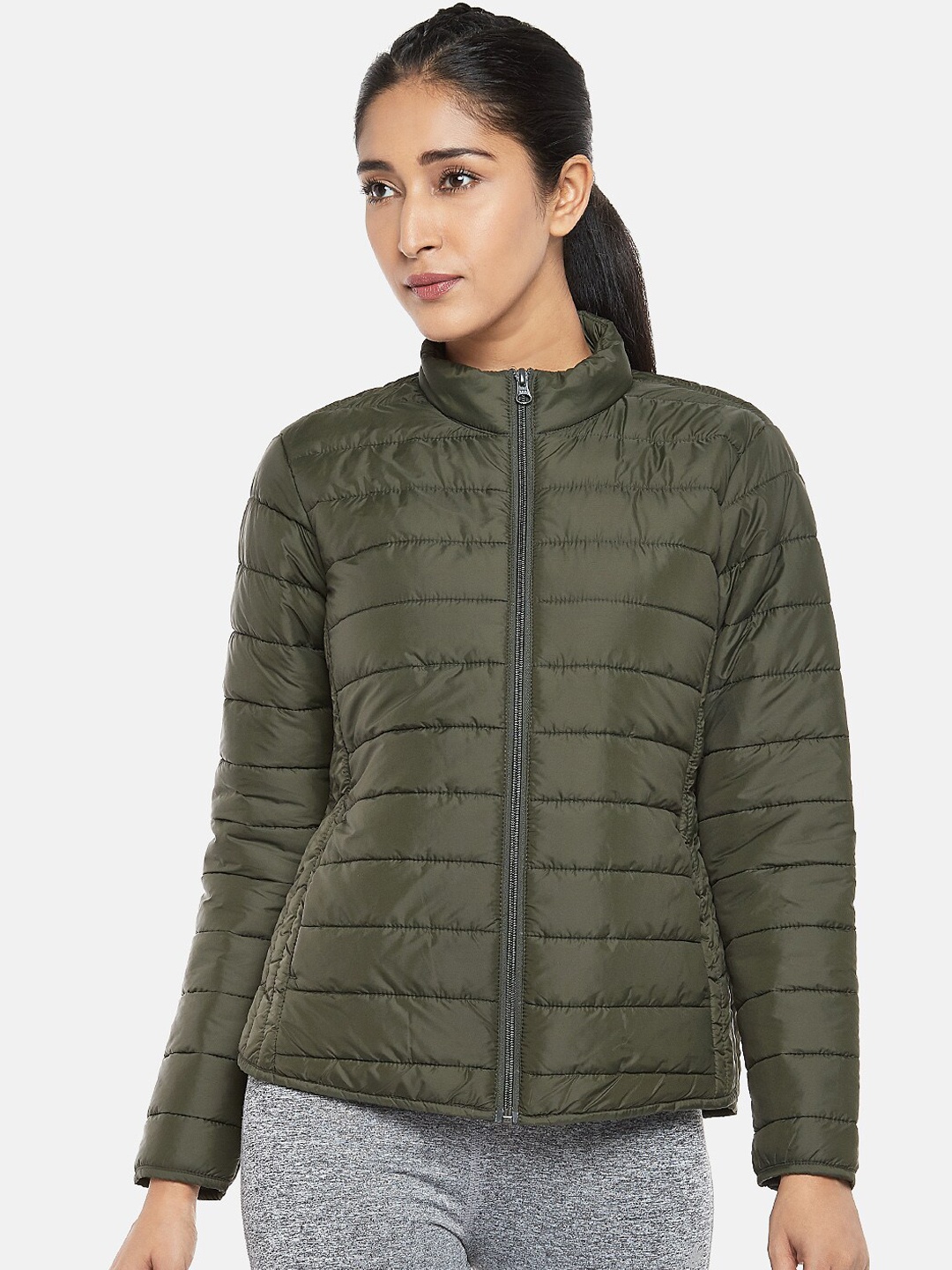 

Ajile by Pantaloons Women Olive Green Printed Puffer Jacket
