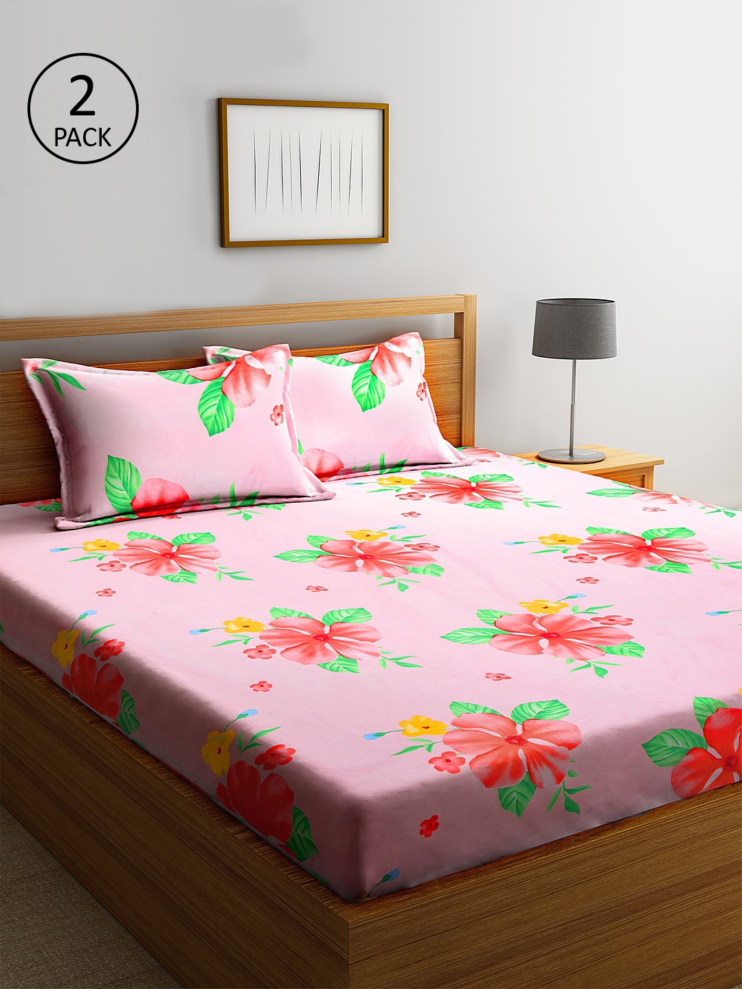 

KLOTTHE Pink & Purple Floral 210 TC Polycotton 2 King Bedsheet with 4 Pillow Covers