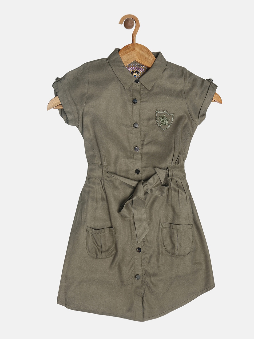 

Peppermint Girls Olive Green Solid Shirt Dress