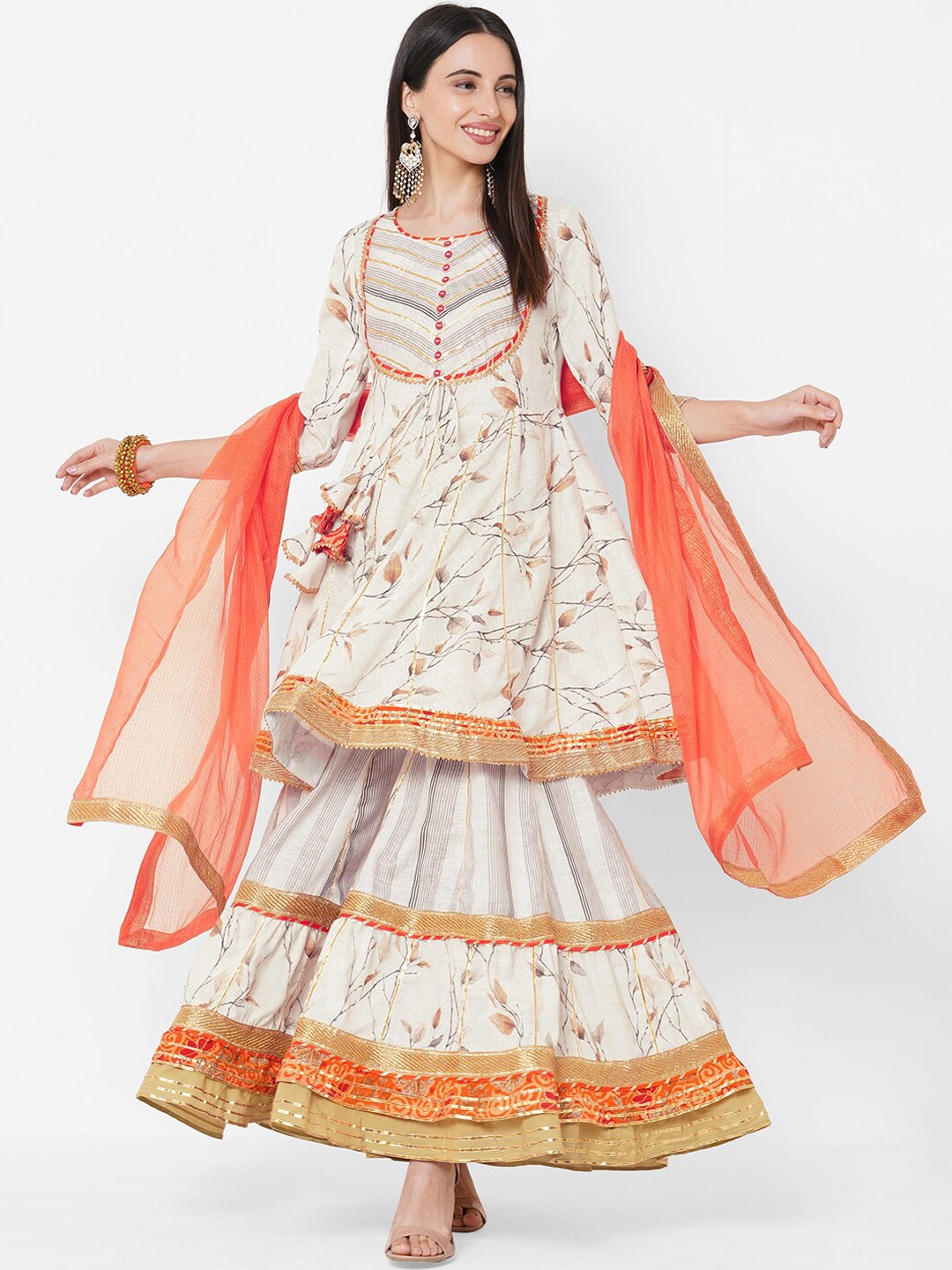 

FASHOR Women Off-White Printed Kurta with Sharara & Dupatta