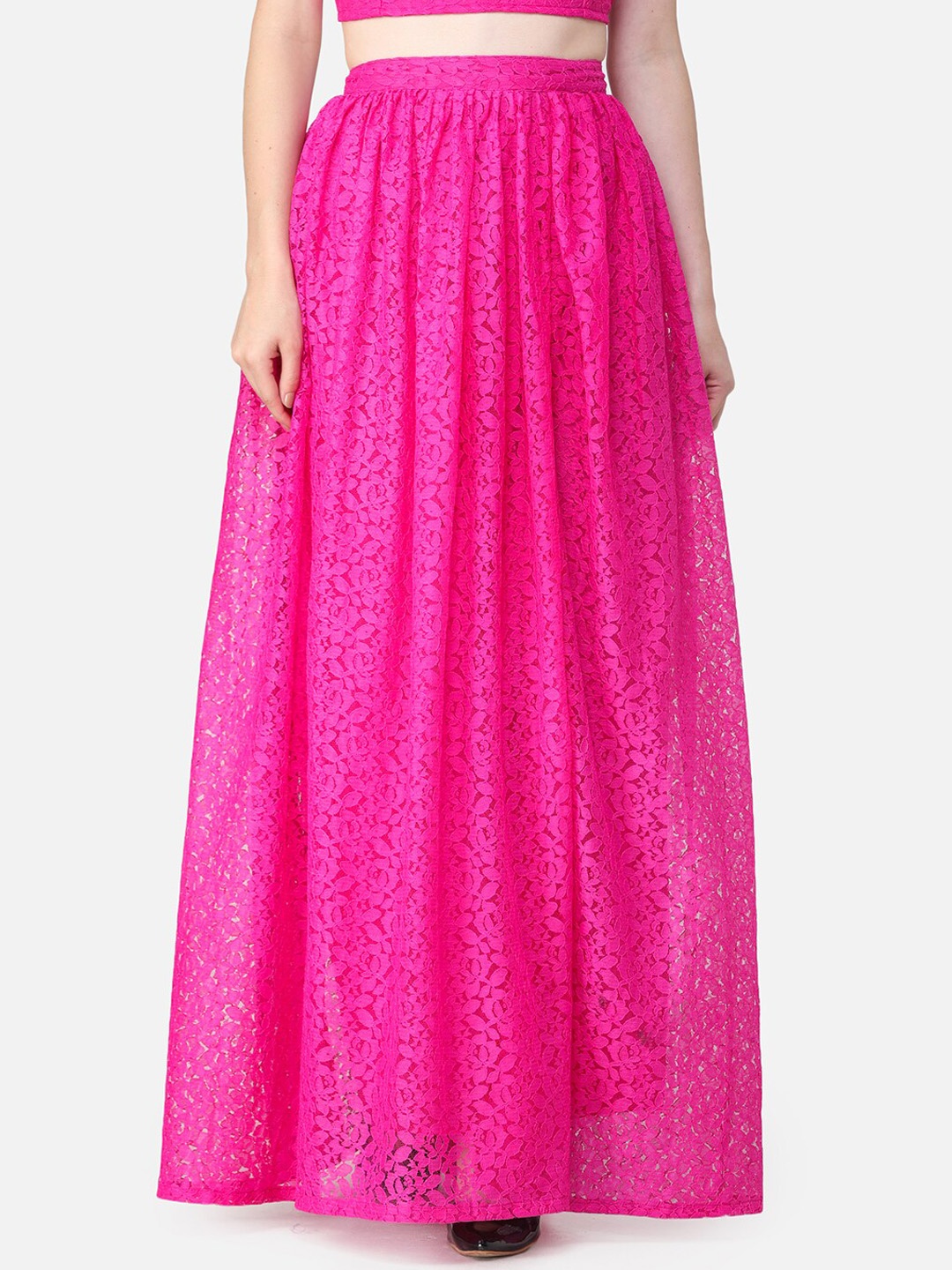 

SCORPIUS Women Magenta Pink Self-Design Lace Flared Maxi Skirt