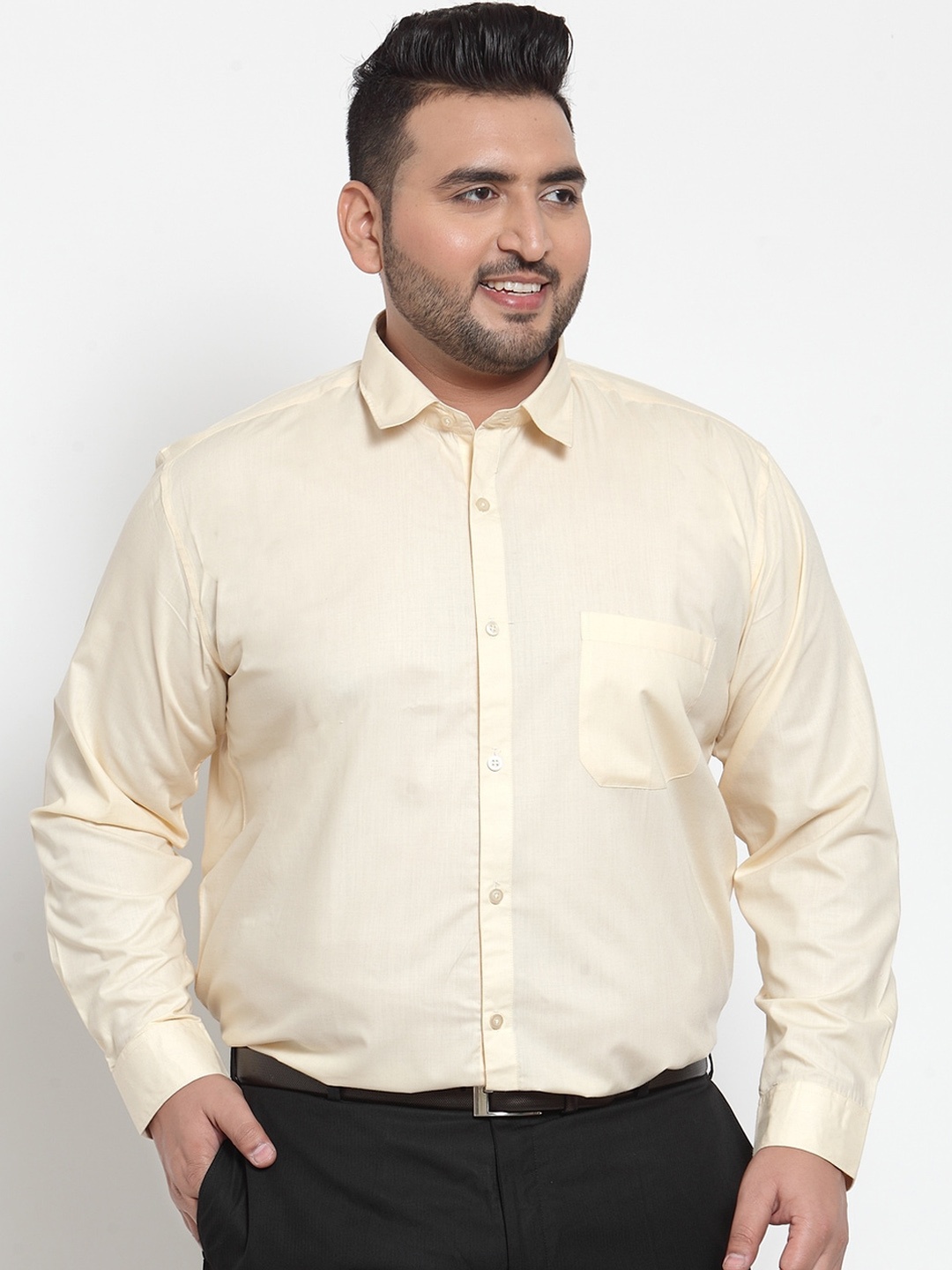 plusS Men Beige Regular Fit Solid Formal Shirt
