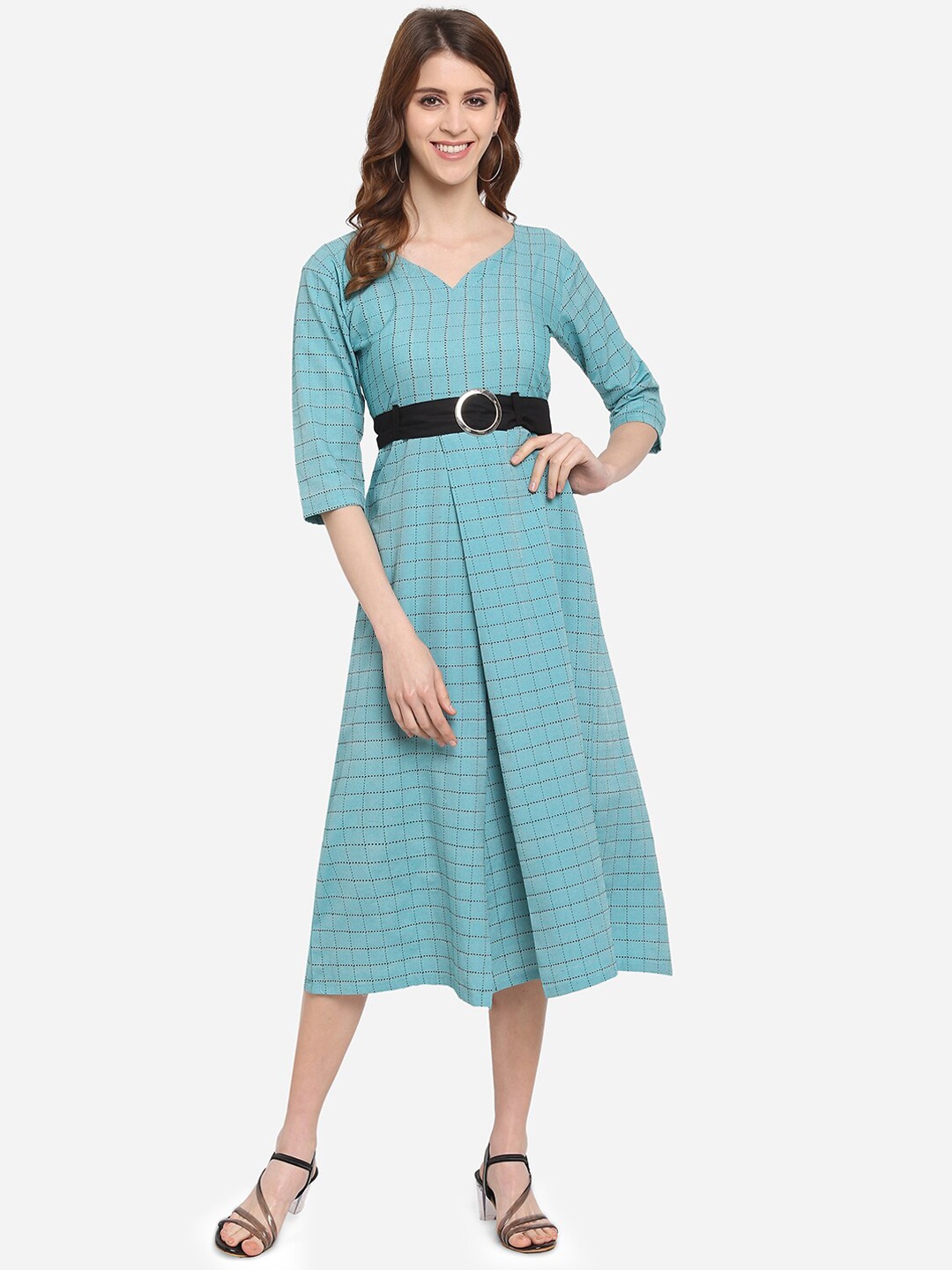 

Youthnic Women Turquoise Blue Checked Fit and Flare Dress
