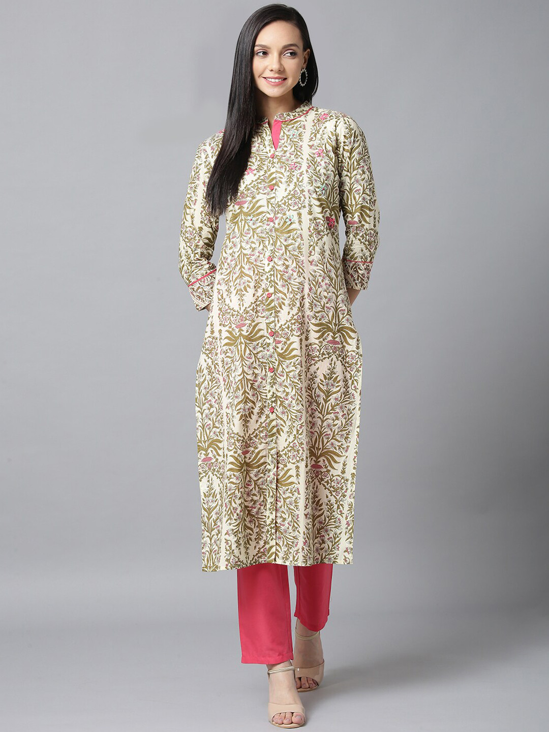 

Yufta Women Cream-Coloured & Pink Printed Kurta with Trousers