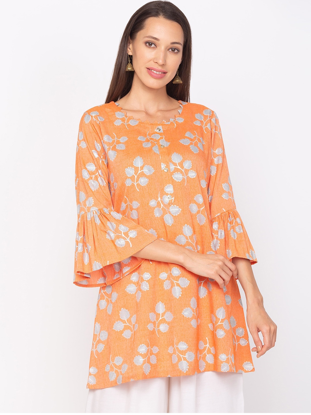 

TANKHI Women Peach & Grey Leaf print Flared Kurti