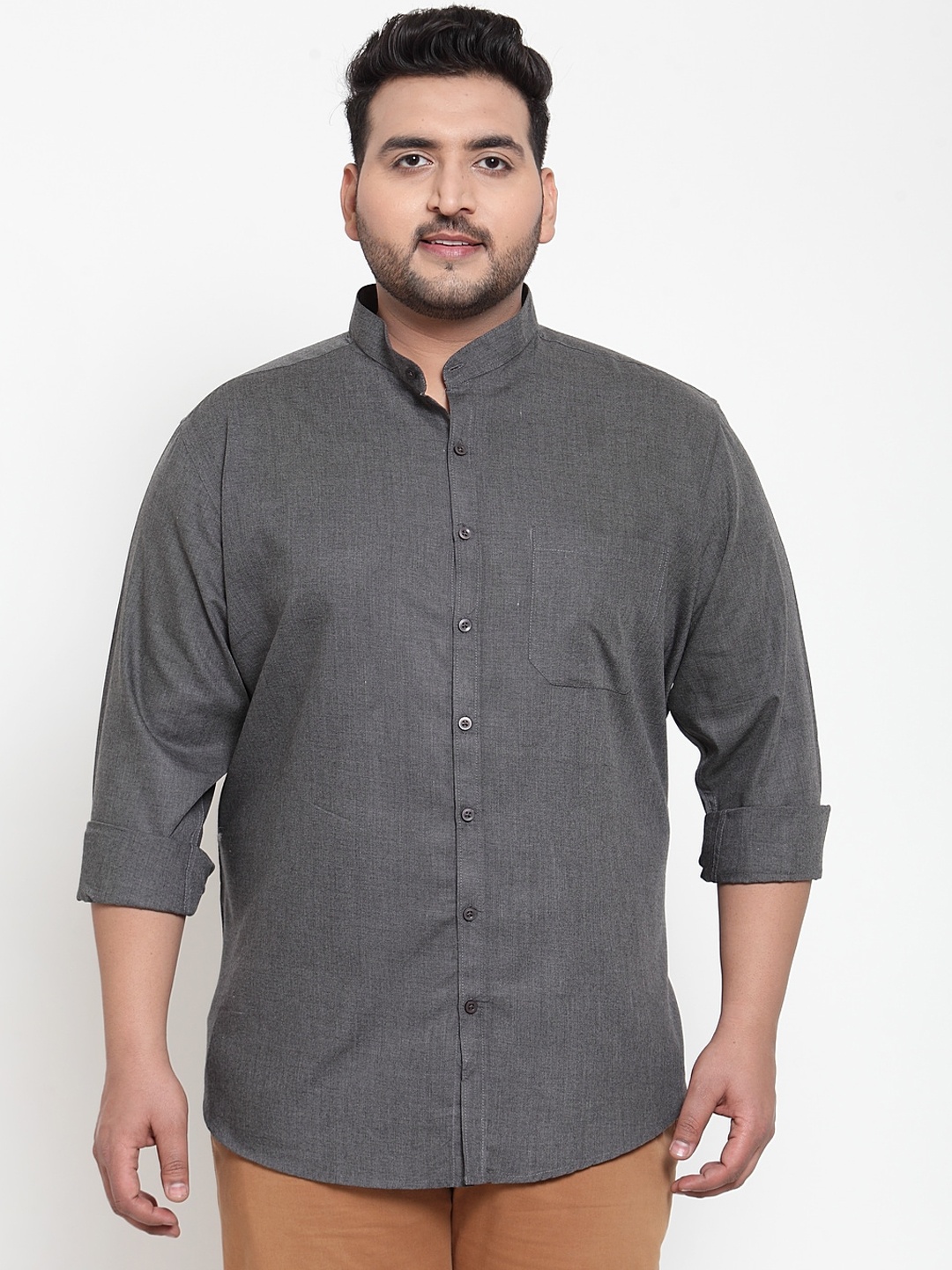 plusS Men Grey Regular Fit Solid Casual Shirt